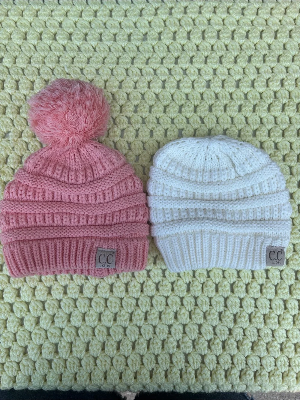 C.C Kids Knit Pom Beanie Pair - Pink & White